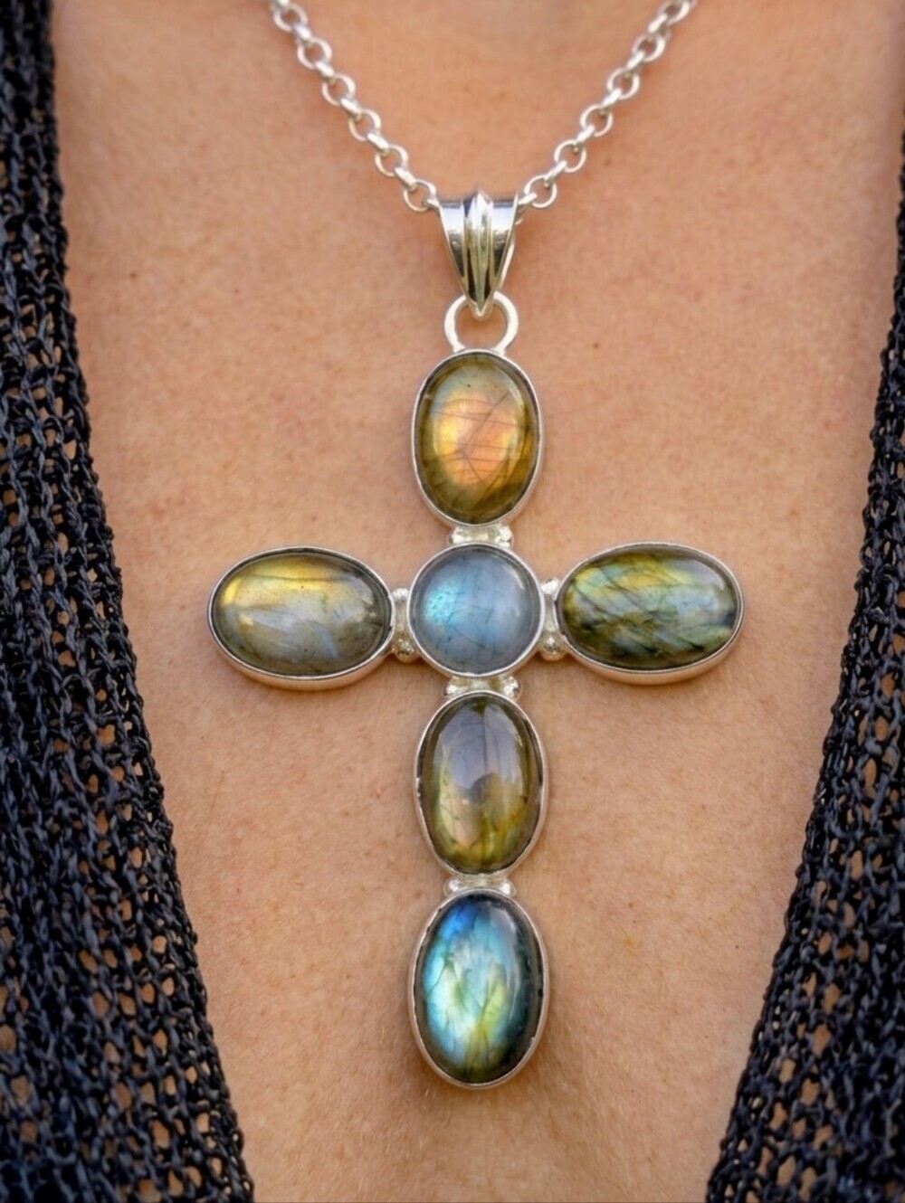 Cross Pendant Necklace Genuine Labradorite Silver Plated Whimsigoth Gothic Boho